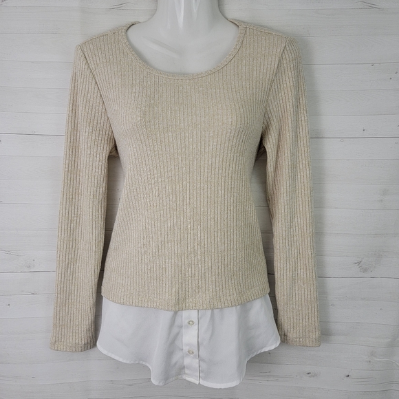 Small Calvin Klein Gold Ribbed Stretch Sweater Top - Picture 4 of 6